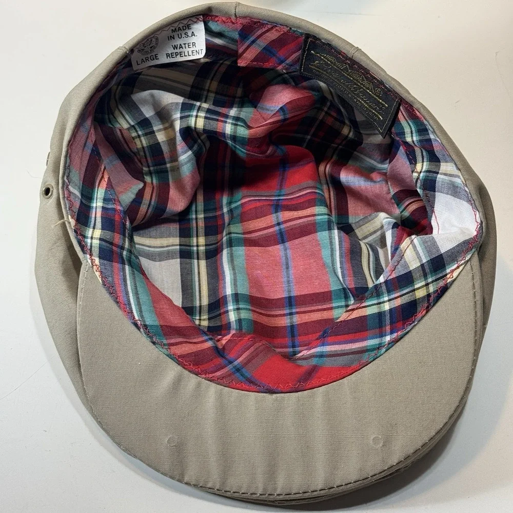 Eddie Bauer Newsboy Golf Cabby Hat Cap Tan USA Union Made Plaid Lining Size L